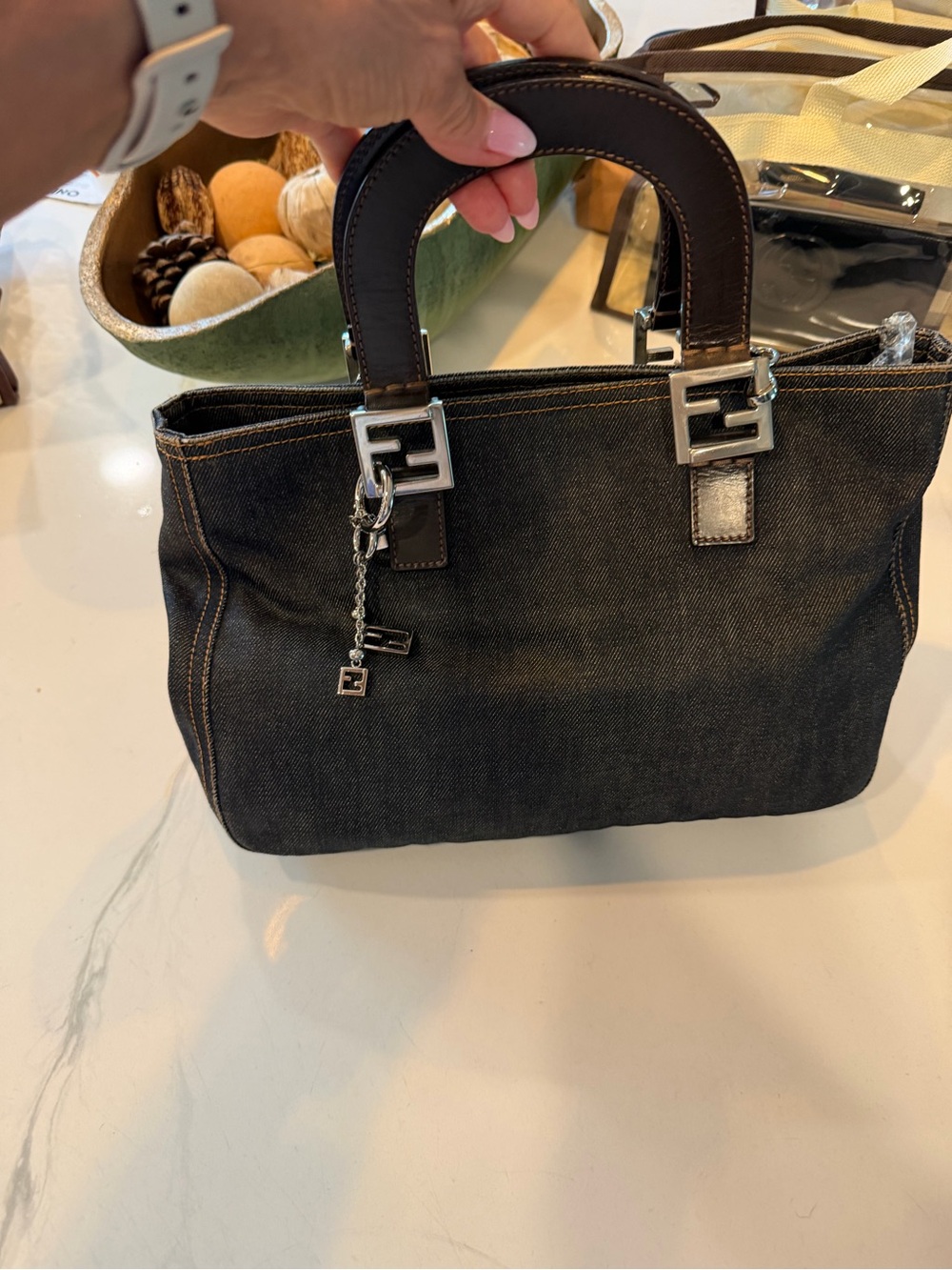 Fendi Blue Black Denim Shoulder Bag with Silver Chain